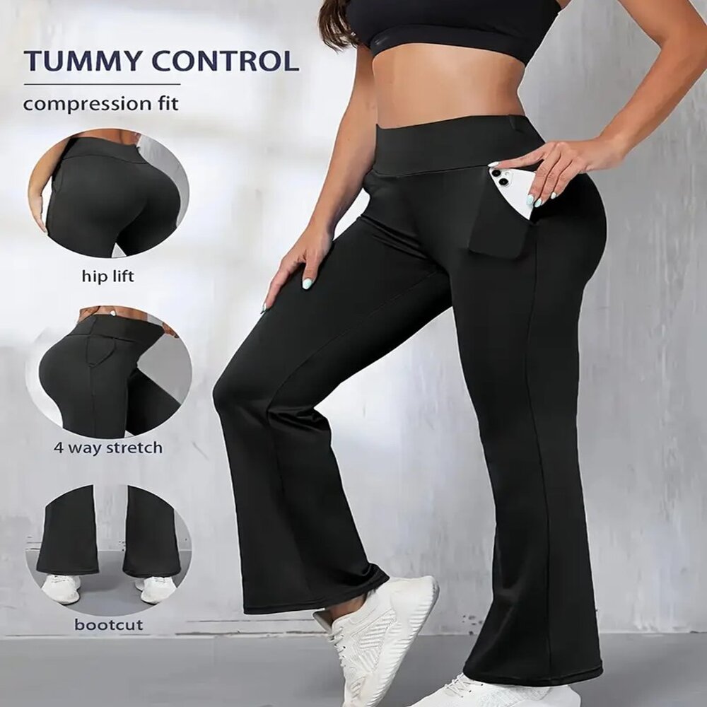Women's Soft & Stretchy High-Waist Flare Yoga Leggings w/Pockets Black M & L